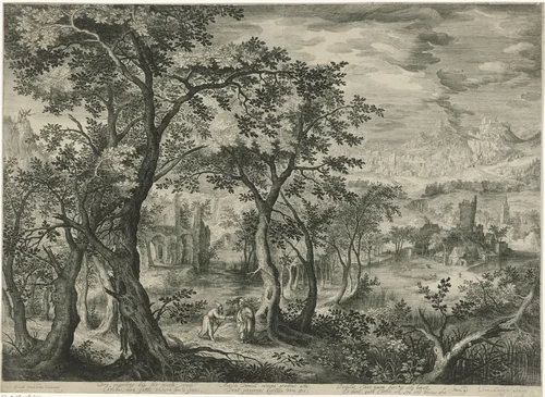 Berglandschap met de verzoeking van Christus by Unknown, print, 1580-1625