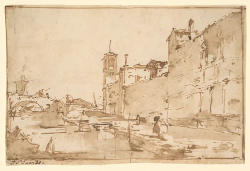 A Venetian Capriccio: A Rio Leading to a Bridge by Francesco Guardi, drawing, 1777-1788