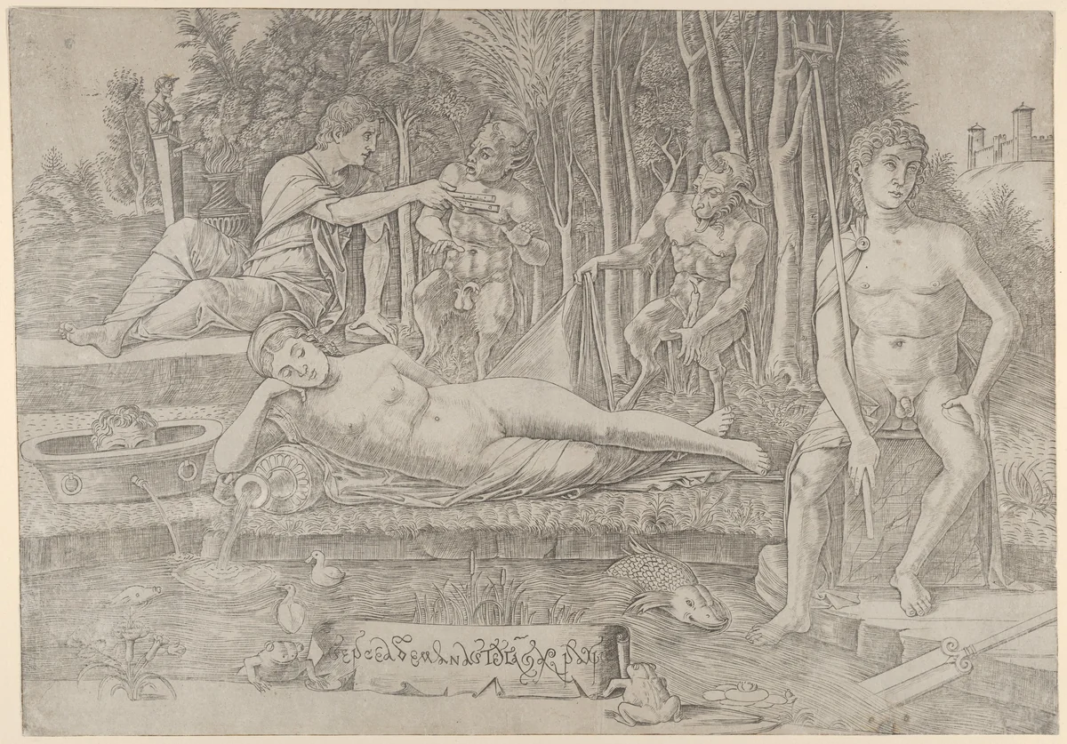 The metamorphosis of Amymone who lies at center leaning on her arm, surrounded by Apollo at left, Neptune at right and two satyrs by Girolamo Mocetto, print, 1485-1495