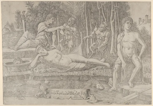 The metamorphosis of Amymone who lies at center leaning on her arm, surrounded by Apollo at left, Neptune at right and two satyrs by Girolamo Mocetto, print, 1485-1495