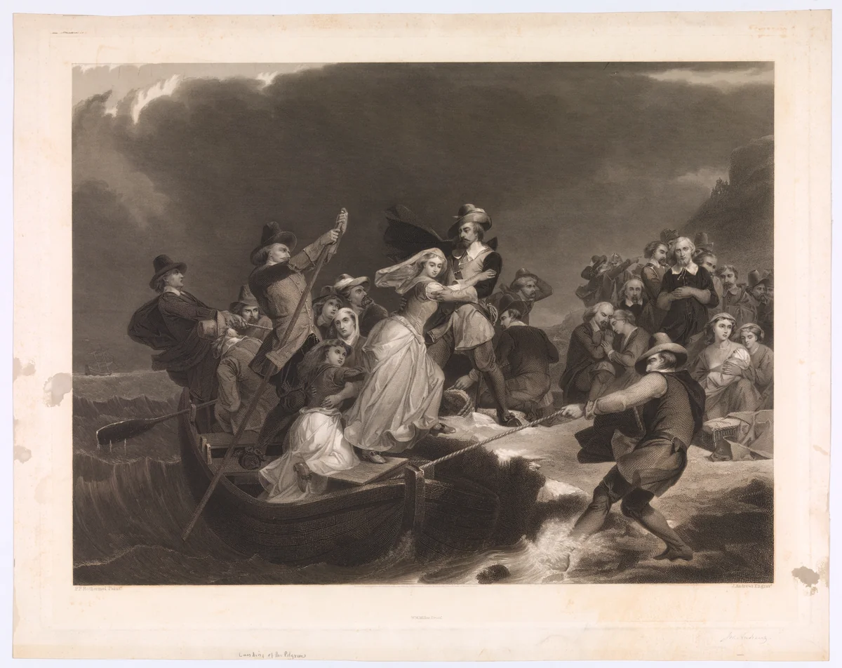 The Landing of the Pilgrims at Plymouth Rock, 1620 by Joseph Andrews, print, 1869