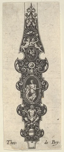 Pendant Design with Cimon and Pero, from Des Pendants de Cleffs pour les Femmes by Johann Theodor de Bry, print, 1580-1600