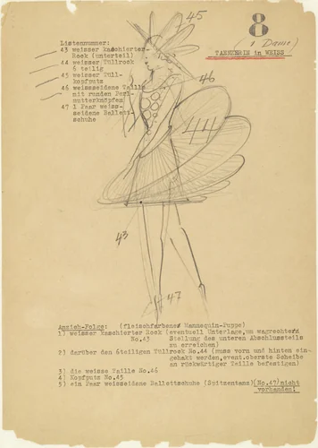 Dancer in White (Tänzerin in Weiss) from Notes and sketches for The Triadic Ballet (Das triadische Ballett) by Oskar Schlemmer, drawing, 1938