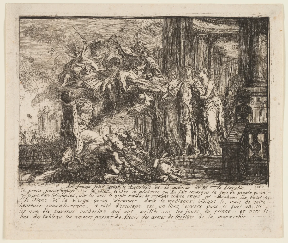 Allegory on the Convalescence of the Dauphin by Gabriel Jacques de Saint-Aubin, print, 1752