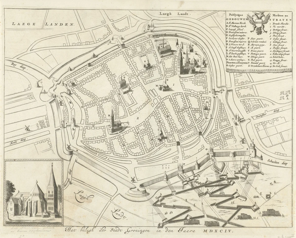 Plattegrond van de stad Groningen tijdens het beleg van 1594 by Jan Luyken, print, 1681