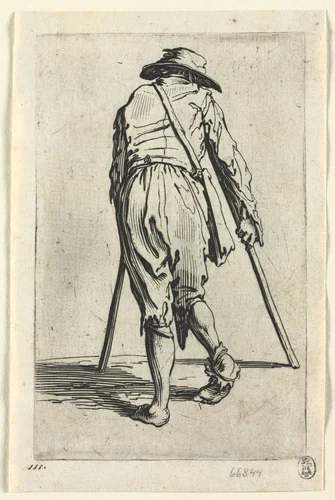 The Beggars: Beggar on Crutches, Wearing a Hat by Jacques Callot, print, 1619-1627