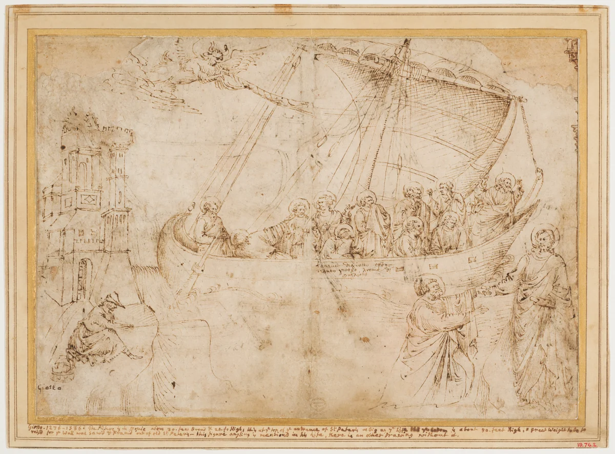 Free Copy of Giotto's "Navicella" (recto); Copy of Adam in Masaccio's "Expulsion from the Garden of Eden", and other Figure Studies (verso) by Parri Spinelli, drawing, 1415-1425