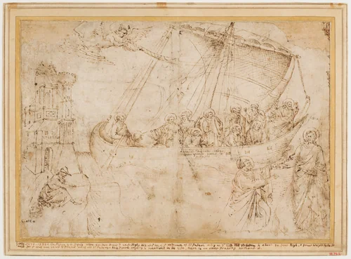 Free Copy of Giotto's "Navicella" (recto); Copy of Adam in Masaccio's "Expulsion from the Garden of Eden", and other Figure Studies (verso) by Parri Spinelli, drawing, 1415-1425