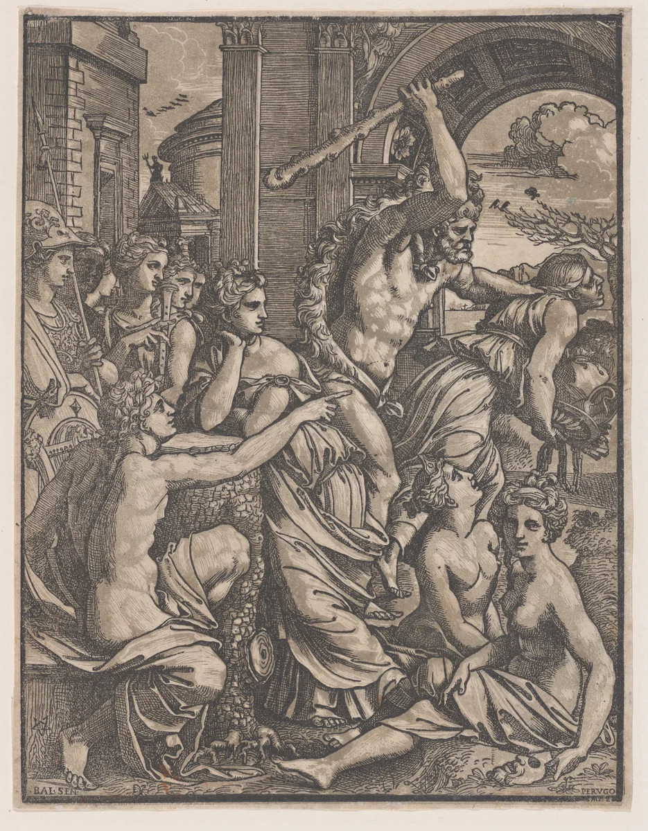 Hercules chasing Avarice from the Temple of the Muses by Ugo da Carpi, print, 1515-1525