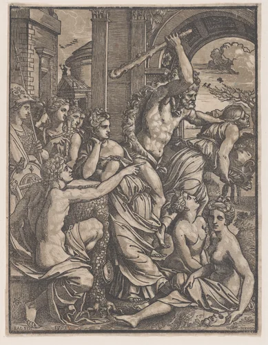 Hercules chasing Avarice from the Temple of the Muses by Ugo da Carpi, print, 1515-1525