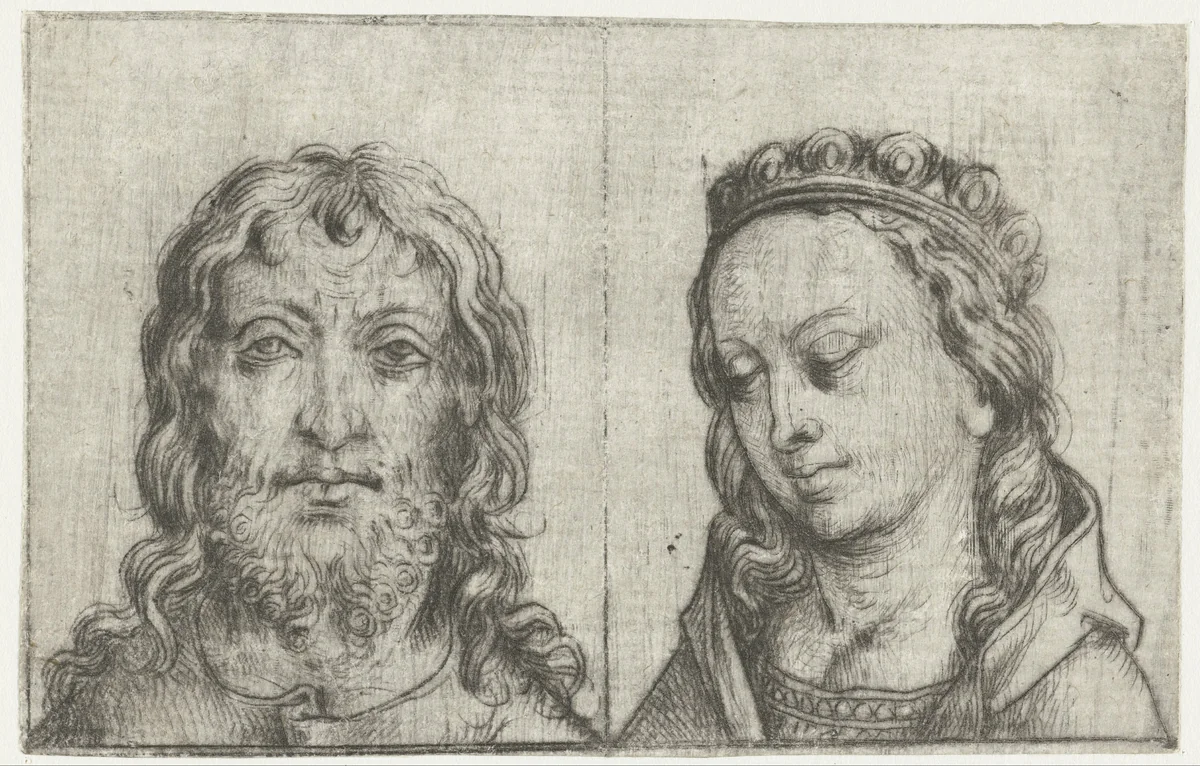 De hoofden van Christus en Maria by Meester van het Amsterdamse Kabinet, print, 1488-1492