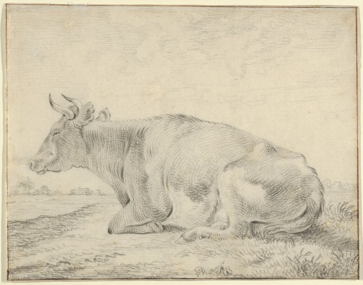 A Cow Lying in a Landscape by Pieter Gerardus van Os, drawing, 1796-1836