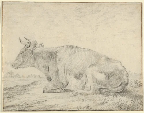 A Cow Lying in a Landscape by Pieter Gerardus van Os, drawing, 1796-1836