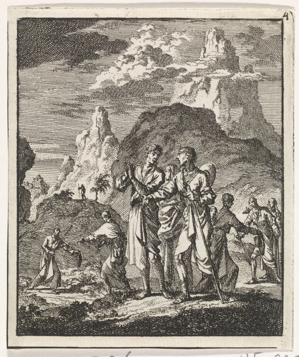 Ontmoeting van pelgrims in de bergen by Jan Luyken, print, 1704