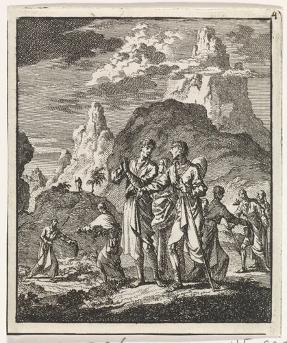 Ontmoeting van pelgrims in de bergen by Jan Luyken, print, 1704