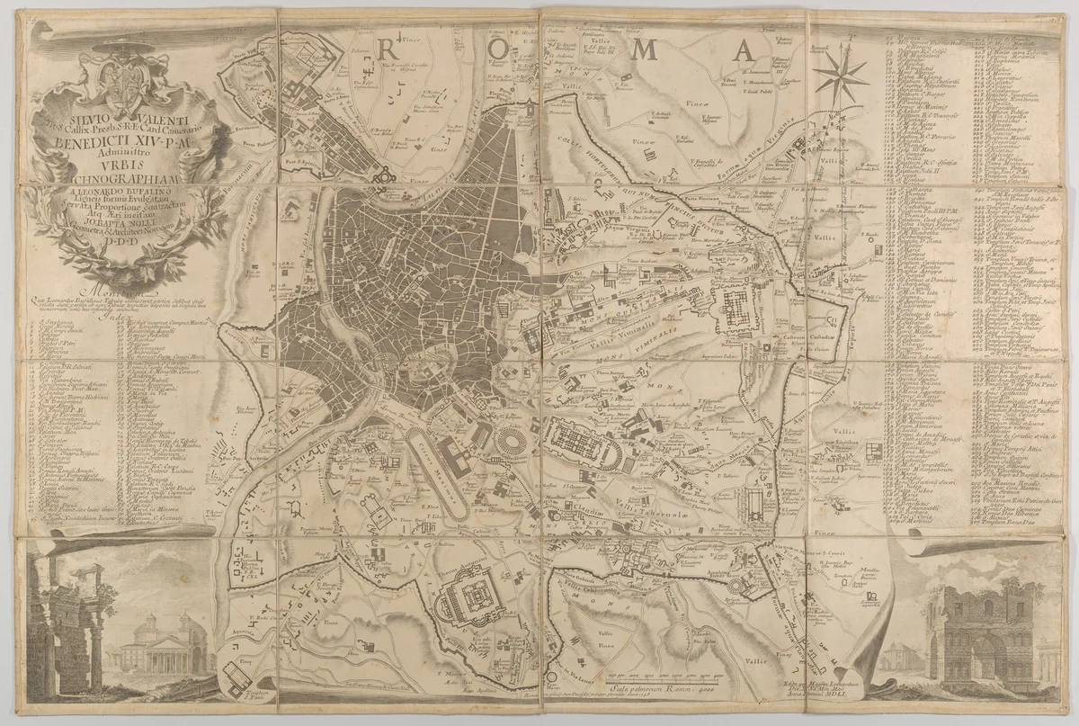 Plan of ancient Rome with a view of the Pantheon lower left and a triumphal arch lower right by Carlo Nolli, print, 1748