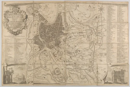 Plan of ancient Rome with a view of the Pantheon lower left and a triumphal arch lower right by Carlo Nolli, print, 1748