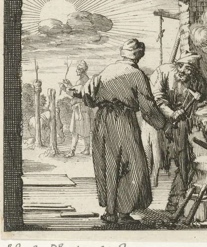 Twee figuren in een smidse by Jan Luyken, print, 1689