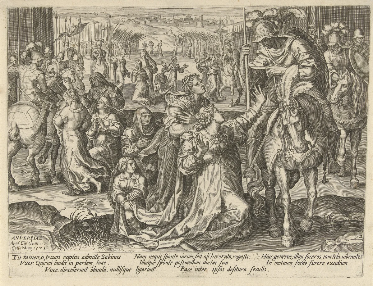 Verzoening tussen de Sabijnen en de Romeinen by Pieter Jalhea Furnius, print, 1573