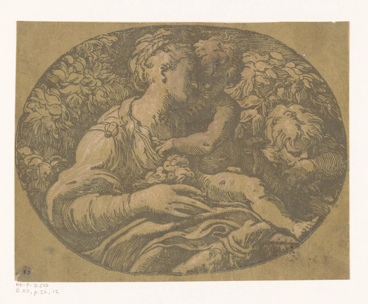 Maria met Kind en Johannes de Doper by Antonio da Trento, print, 1520-1550