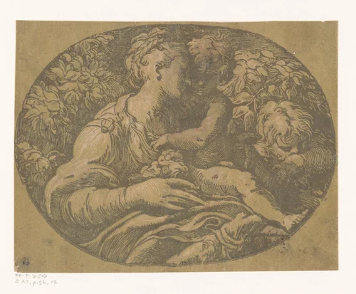 Maria met Kind en Johannes de Doper by Antonio da Trento, print, 1520-1550