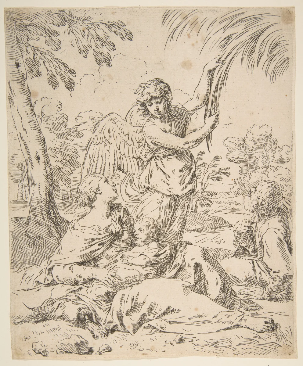 Repose in Egypt, Mary nursing the infant Christ while an angel pulls at tree branches by Simone Cantarini, print, 1634-1644