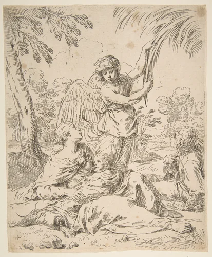 Repose in Egypt, Mary nursing the infant Christ while an angel pulls at tree branches by Simone Cantarini, print, 1634-1644