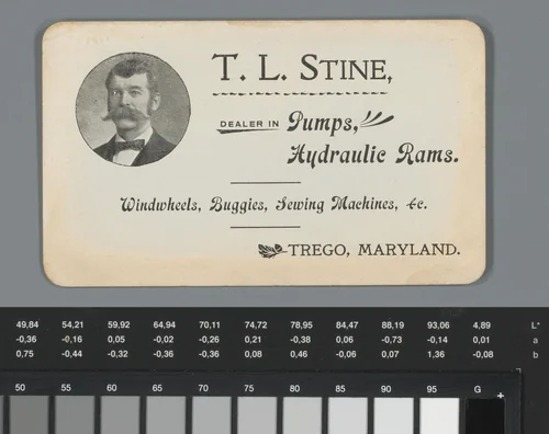 Portret van T.L. Stine met reclame voor zijn handel in machines in Trego, Maryland by anonymous, photograph, 1885-1910