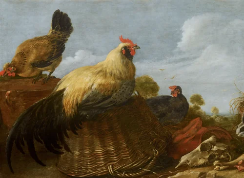 Cock and Hens in a Landscape by Gijsbert Gillisz d' Hondecoeter, painting