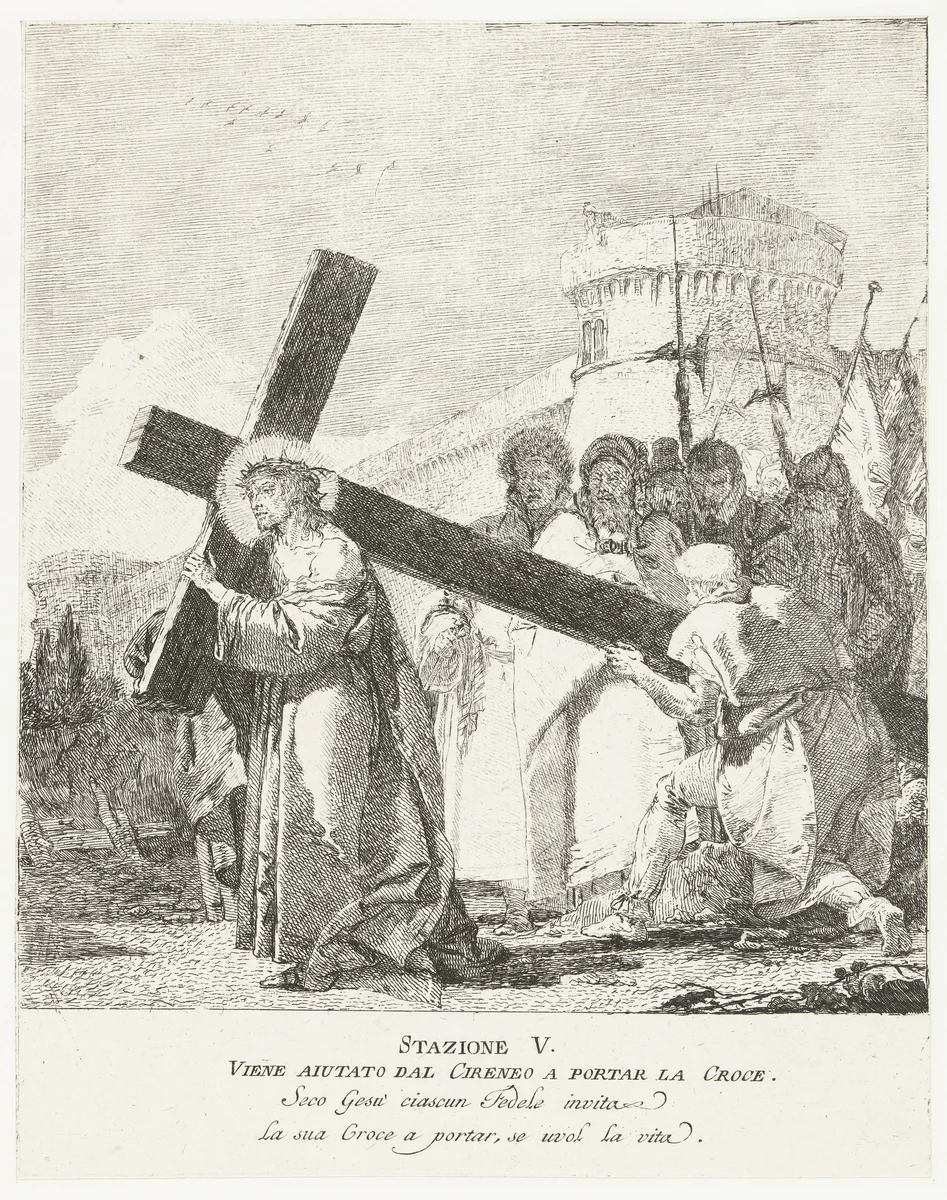 Simon van Cyrene helpt Christus met dragen kruis by Giovanni Domenico Tiepolo, print, 1747-1749
