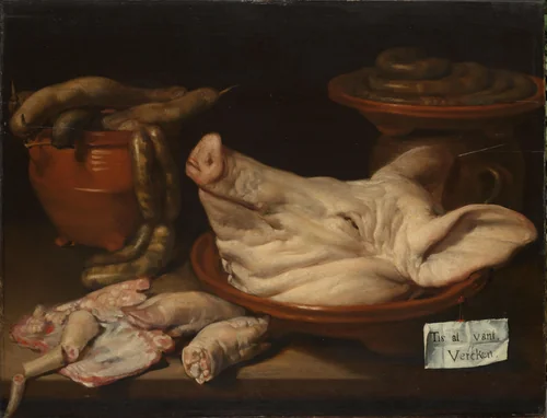 Still Life with Pig's Head, Pig's Knuckles and Sausage by Monogrammist JVR, painting, 1600-1650