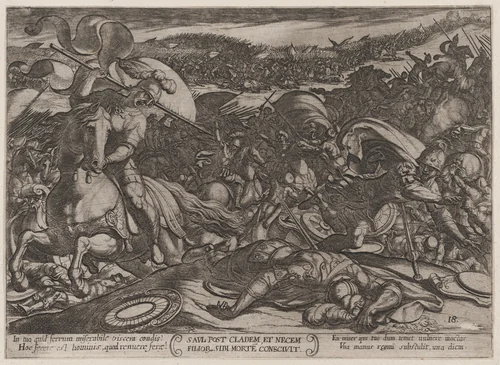 Plate 18: Saul's Suicide after His Defeat by the Philistines, from "The Battles of the Old Testament" by Antonio Tempesta, print, 1585-1615