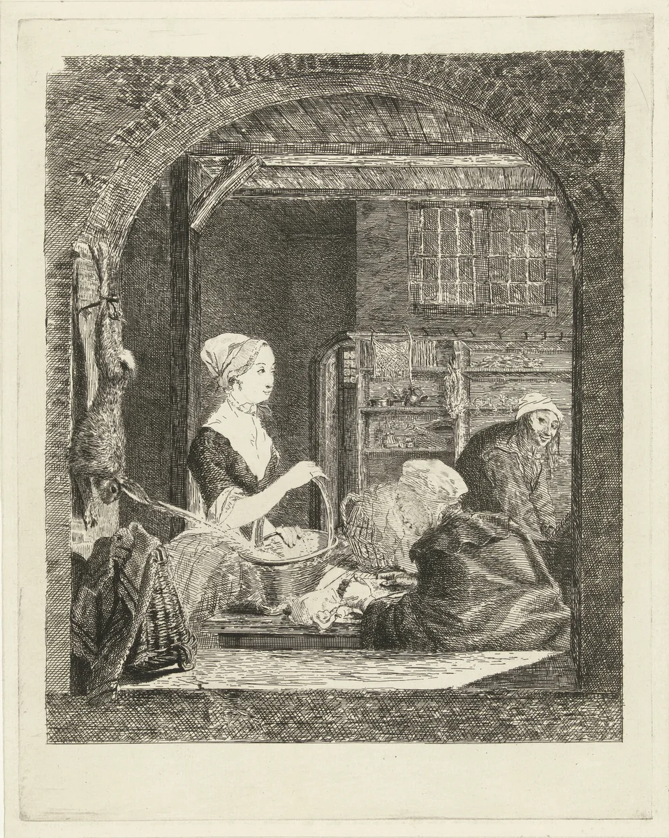De poelierster by Louis Bernard Coclers, print, 1756-1780
