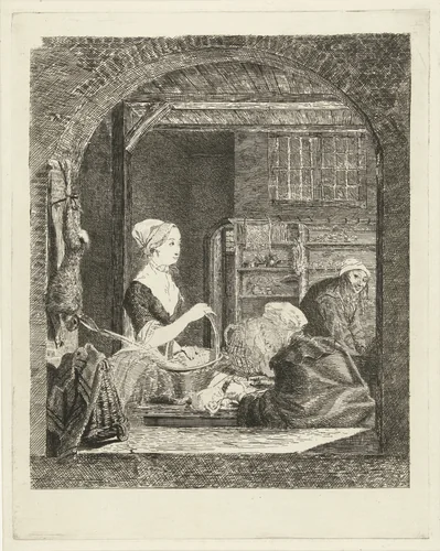 De poelierster by Louis Bernard Coclers, print, 1756-1780