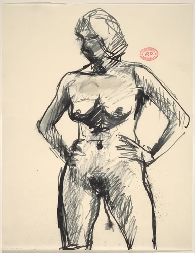 Untitled [standing female nude with arms akimbo] by Richard Diebenkorn, drawing, 1955-1967