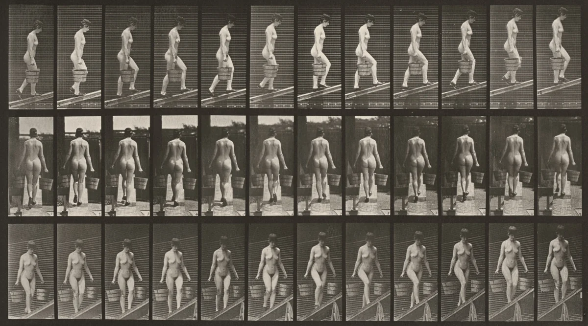 Plate Number 87. Ascending an incline with a bucket of water in each hand by Eadweard Muybridge, photograph, 1887