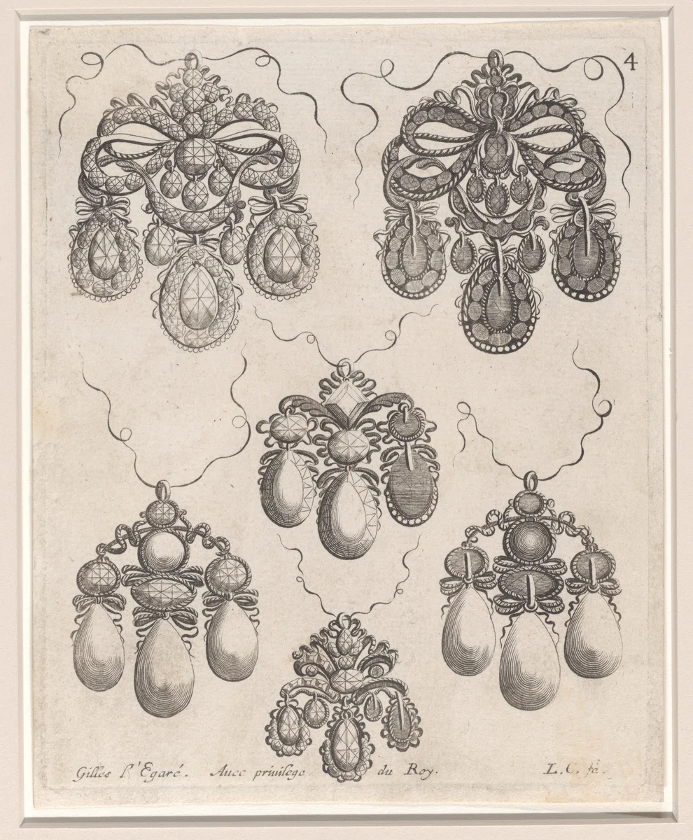 Design for Pendants, Plate 4 from 'Livre des Ouvrages d'Orfevrerie' by Gilles Légaré, print, 1663