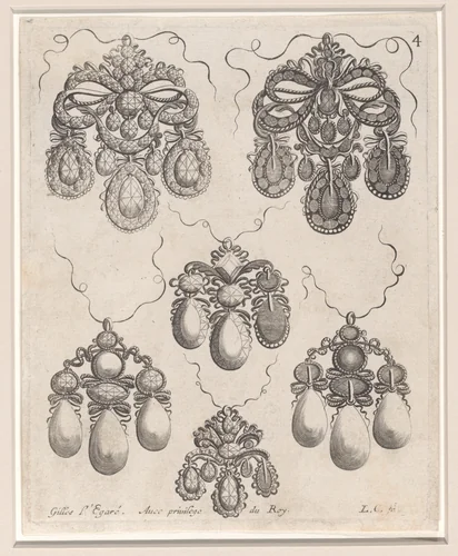 Design for Pendants, Plate 4 from 'Livre des Ouvrages d'Orfevrerie' by Gilles Légaré, print, 1663