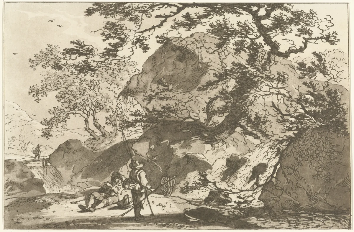 Landschap met een visser en een rustende man by Hendrik Meijer, print, 1789-1793