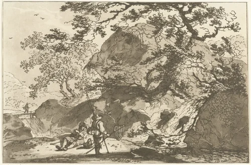 Landschap met een visser en een rustende man by Hendrik Meijer, print, 1789-1793