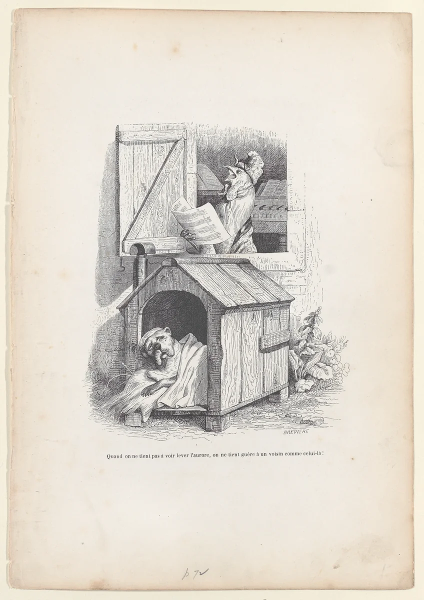 When we do not want to see the dawn rise, we do not care about a neighbor like that!, from "Scenes from the Private and Public Life of Animals" by J. J. Grandville, print, 1837-1847