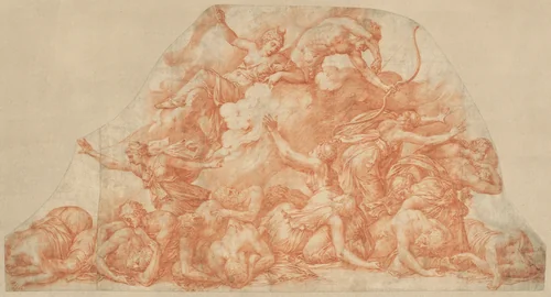 Diana and Apollo Slaughtering the Children of Niobe by Pirro Ligorio, drawing, 1545-1555