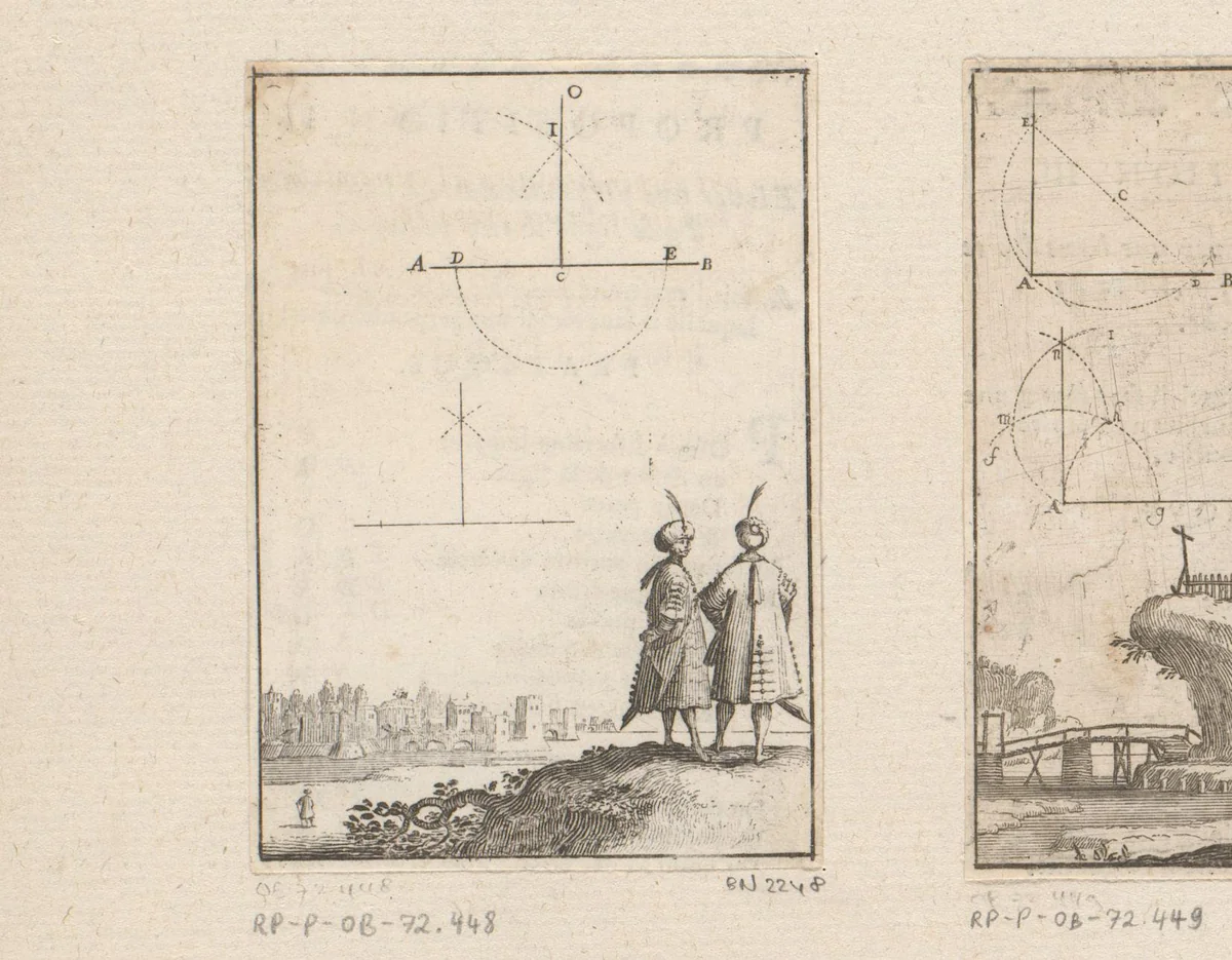 Opbouw van een loodrechte lijn met onderaan twee mannen in Oosterse kledij aan een rivier by Sébastien Leclerc, print, 1669