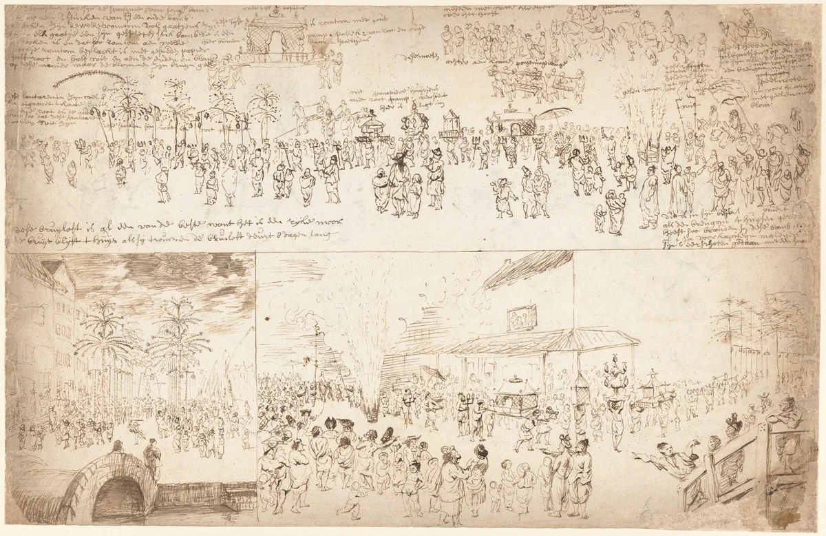 Bruiloftsstoet en een stadsgezicht met veel mensen by Wouter Schouten, drawing, 1660