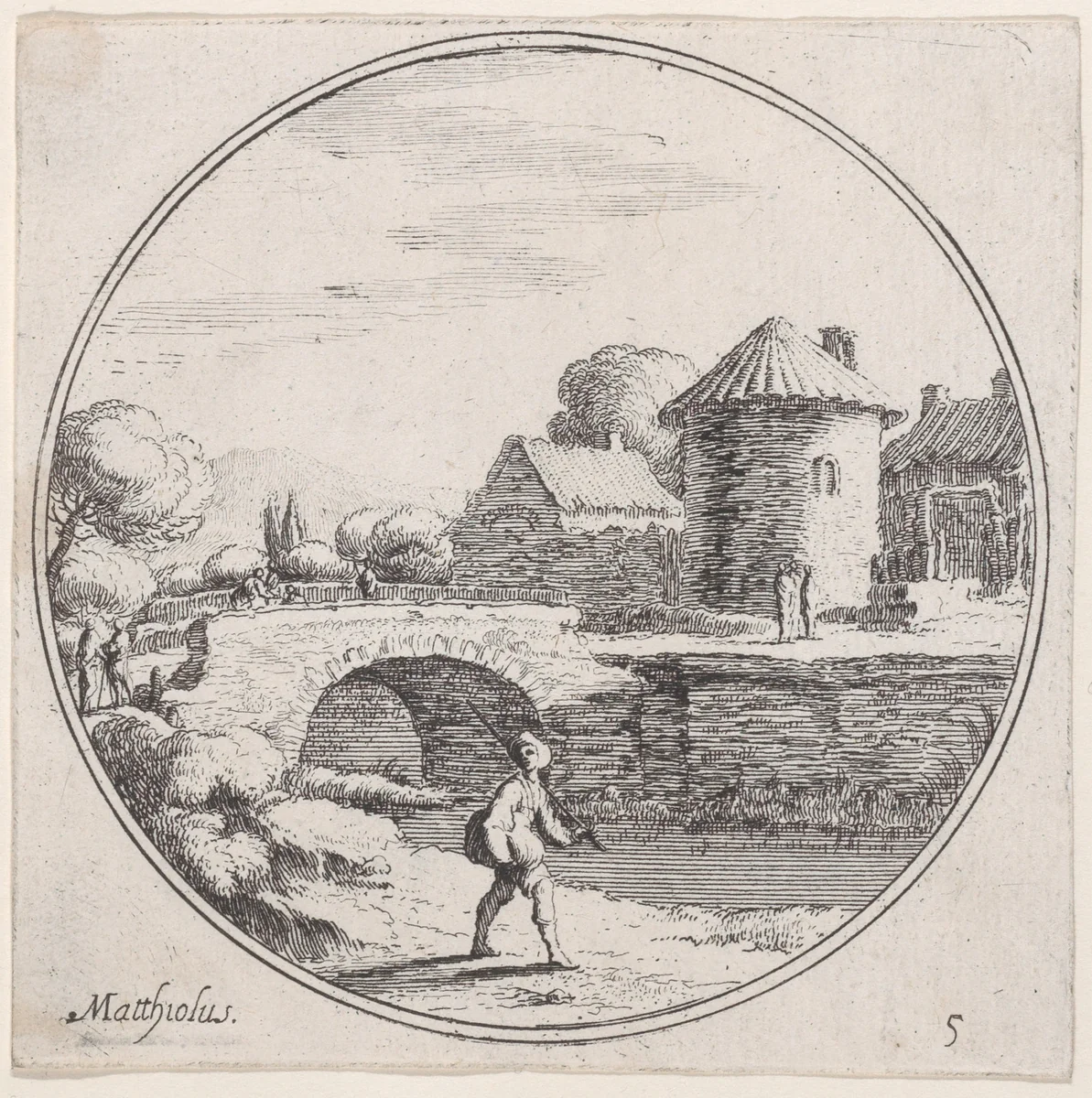 Plate 5: man walking with fishing pole at center, a bridge and village in the background by Lodovico Mattioli, print, 1680-1747