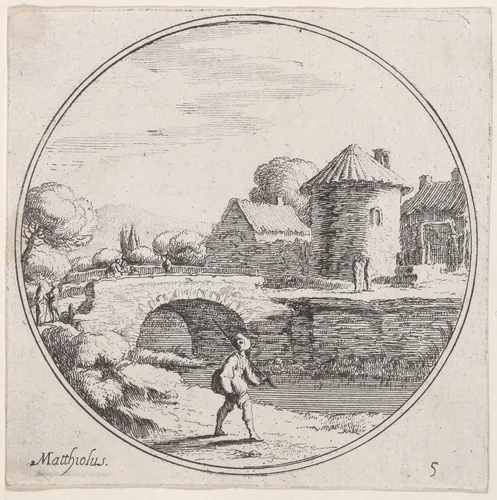 Plate 5: man walking with fishing pole at center, a bridge and village in the background by Lodovico Mattioli, print, 1680-1747