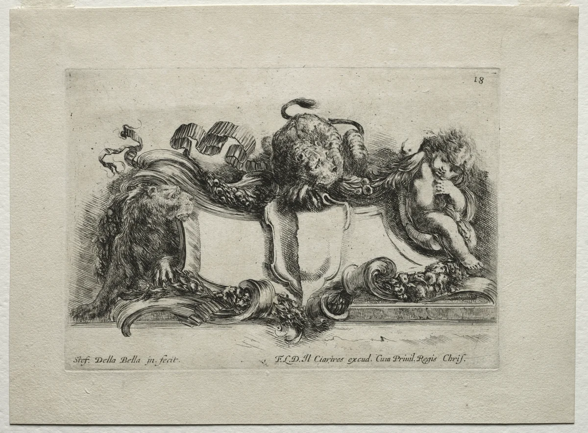 Collection of Various Caprices and New Designs of Cartouches and Ornaments: No 18 by Stefano della Bella, print, 1646