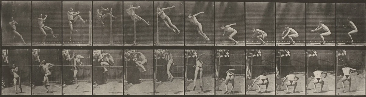 Plate Number 157. Jumping, running twist high jump by Eadweard Muybridge, photograph, 1887