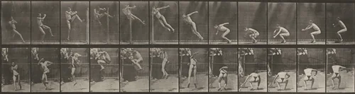 Plate Number 157. Jumping, running twist high jump by Eadweard Muybridge, photograph, 1887