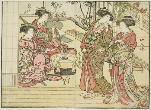 Courtesans of Otawaraya, from the book "Mirror of Beautiful Women of the Pleasure Quarters (Seiro bijin awase sugata kagami)," vol. 2 by Katsukawa Shunsho (勝川 春章), print, 1776